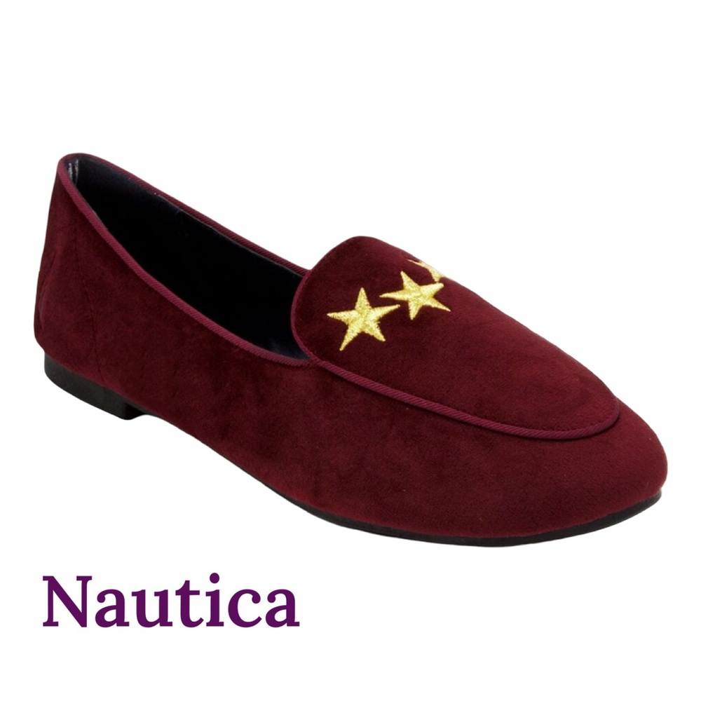 Nautica Campanil Burgundy Suede Slip-On Loafers Embroidered Gold Stars Size 9